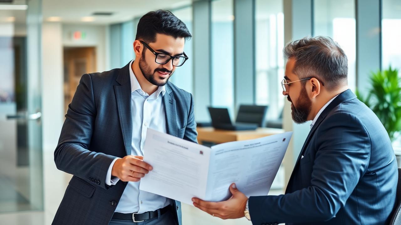Business setup consultant in Dubai reviewing UAE trade licence documents with an international client
