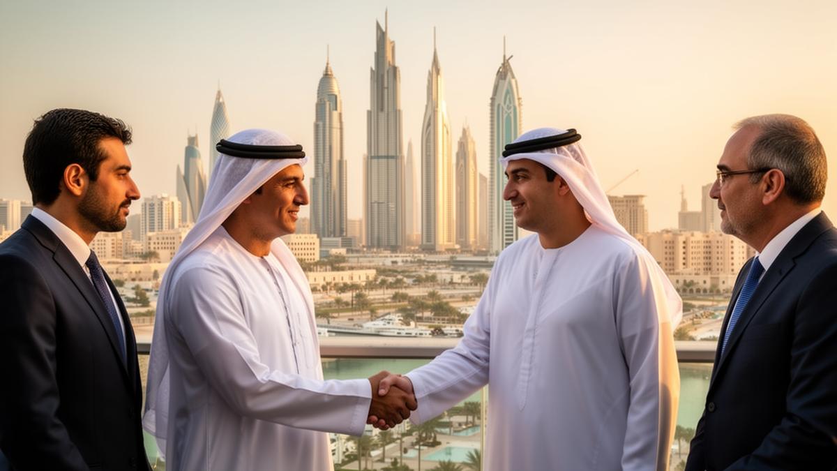 Gulf region business professionals shaking hands with city skyline